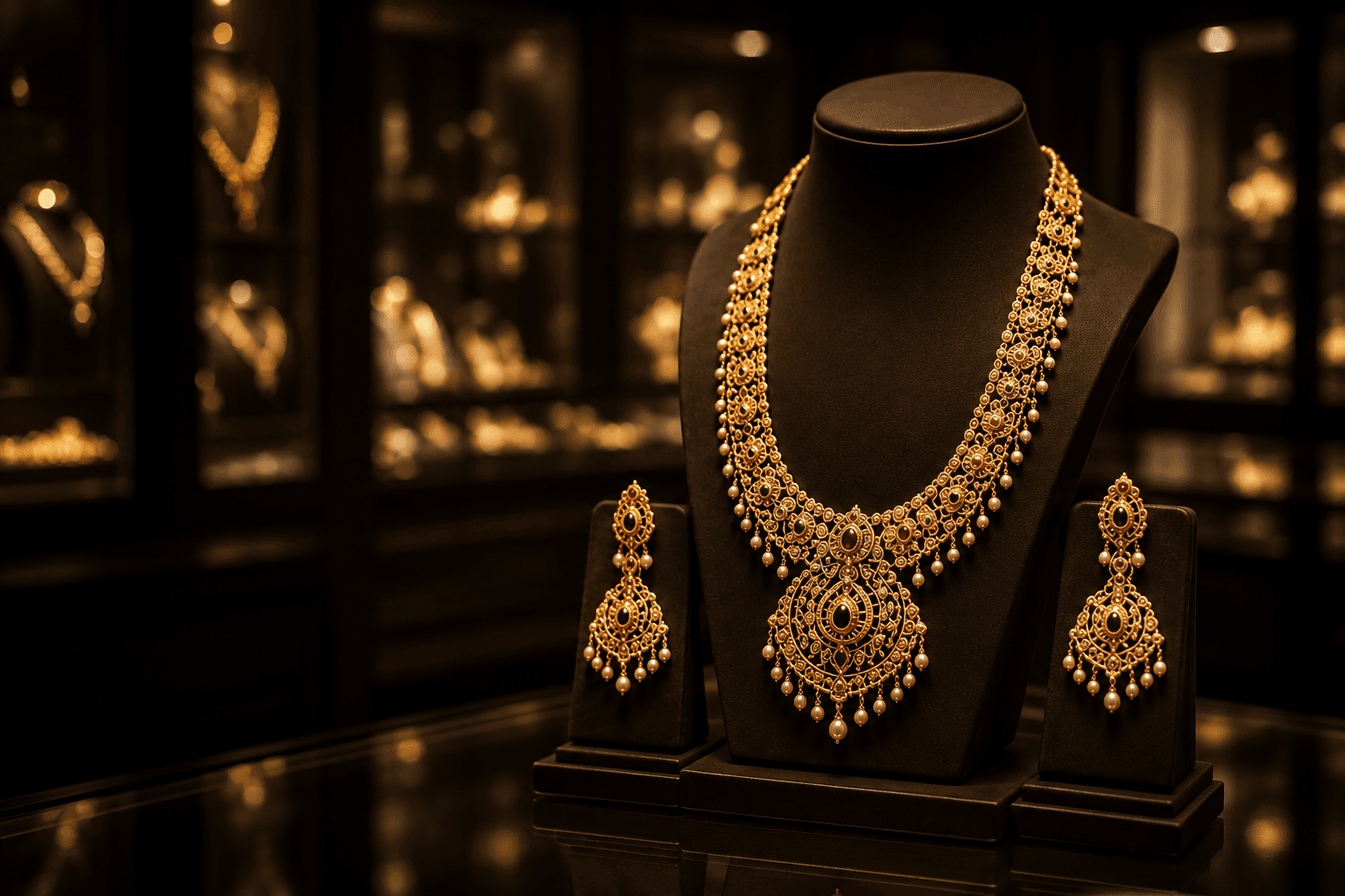 A 22 karat gold bridal necklace and matching earrings on display in the showroom